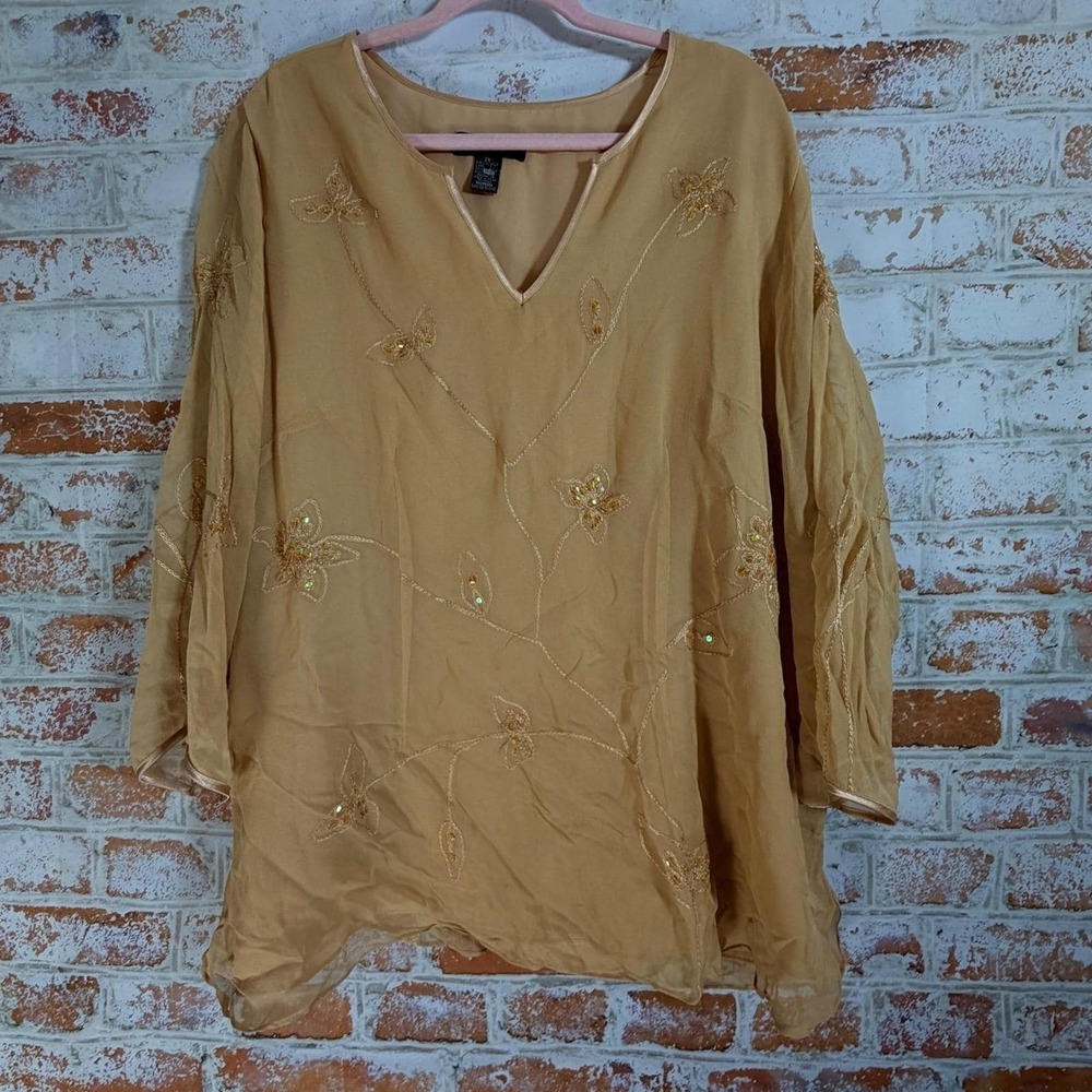 Anne Carson Silk Embroidered Blouse Womens 2X Gold Vintage Sequin Tunic Top
